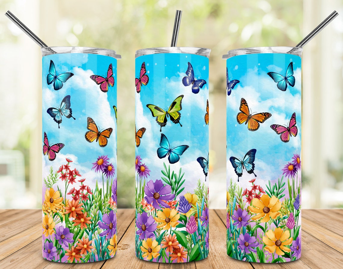 Butterfly Skinny Tumbler With Flowers