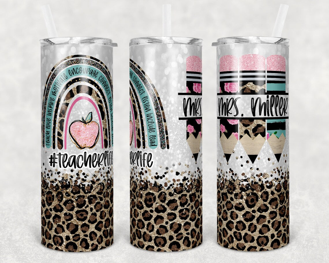 Personalize Teacher Skinny Tumbler Teacher Life Rainbow Leopard Glitter Tumbler