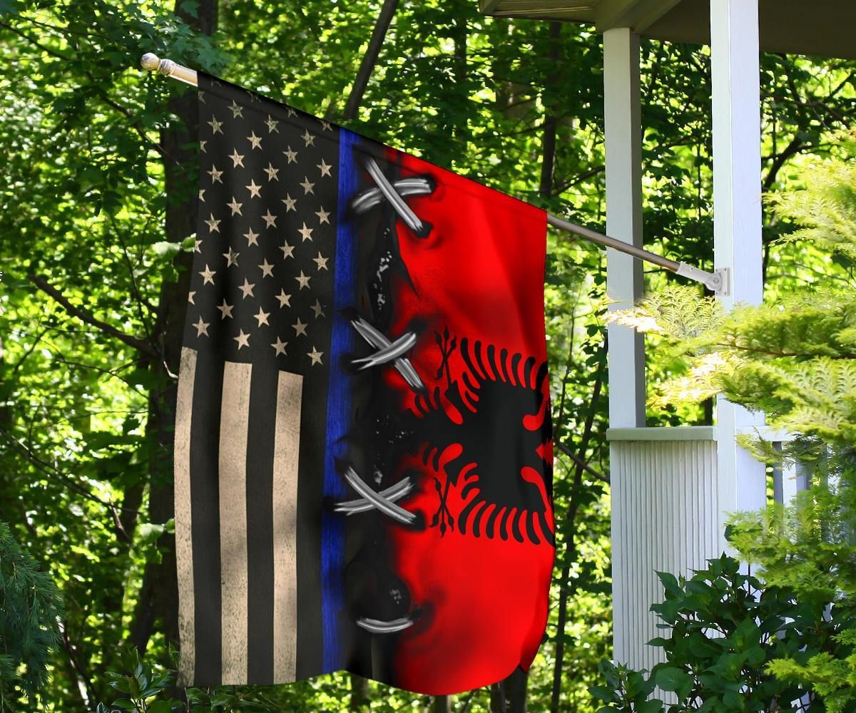 Albanian Flag And Thin Blue Line U.S Flag Vintage Old Retro Vintage Flag Day Of Albanian