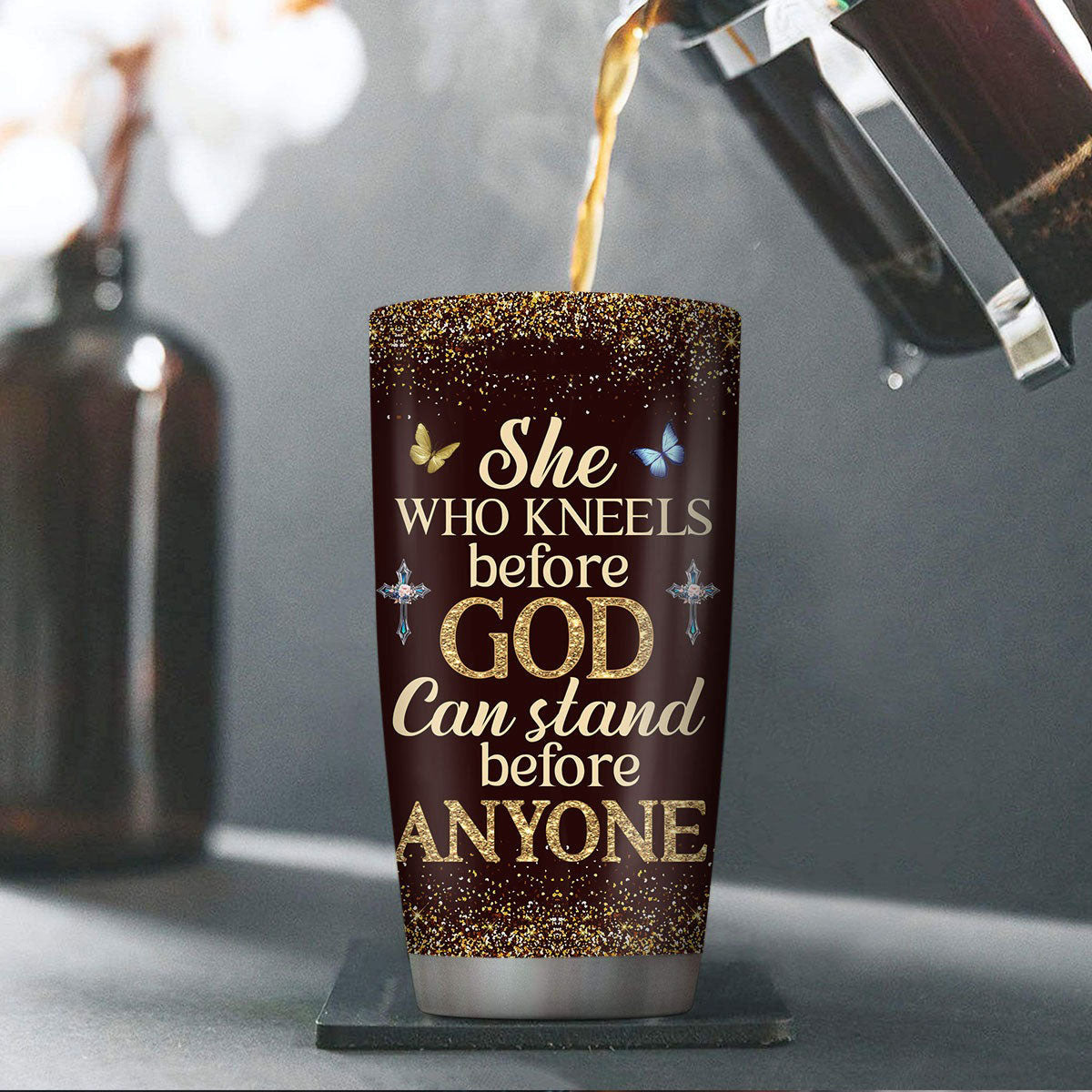 Personalized Christian Tumbler She Who Kneels Before God Can Stand