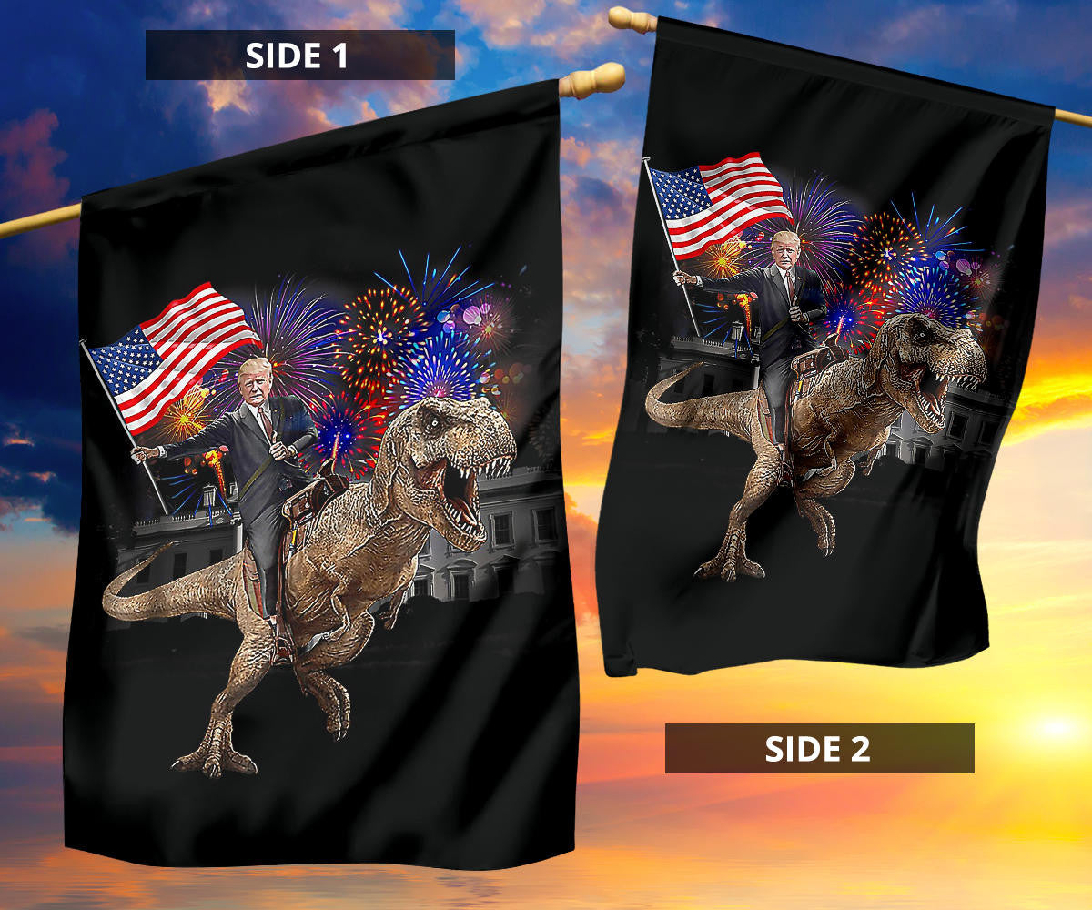 Trump Riding A Dinosaur T-Rex Flag Fireworks Trump With American Flag Decorative