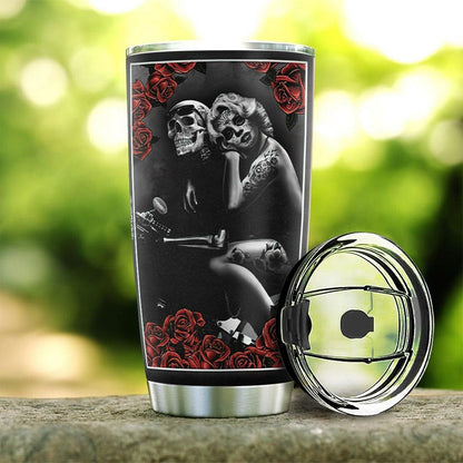 Personalized Biker Couple Tumbler Skull Rose