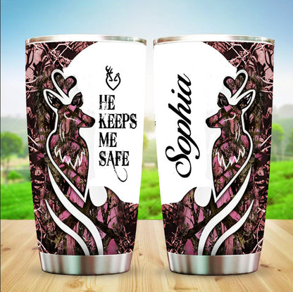 Personalized Deer Couple Tumbler He Keeps Me Safe She Keeps Me Wild