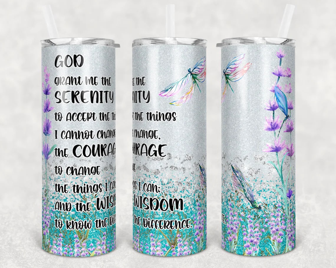 Jesus Skinny Tumbler Serenity To Accept Things Cannot Change Glitter Dragonfly Skinny Tumbler