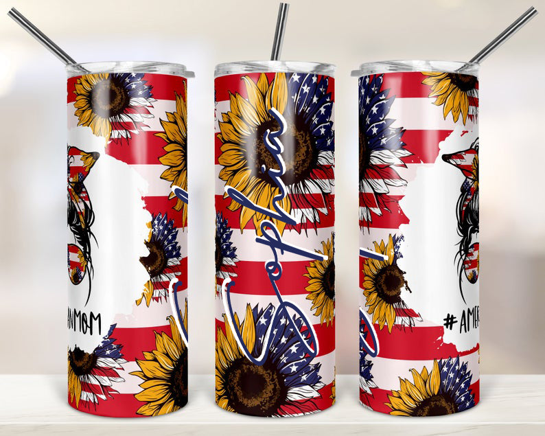 Personalized Skinny Tumbler Sunflower American Mom