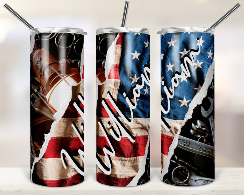 Personalized Mechanic Skinny Tumbler Patriotic American Automotive Tools