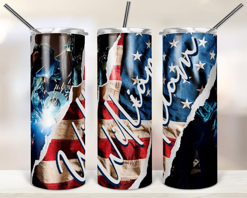 Personalized American Welder Skinny Tumbler Patriotic American Flag Welder