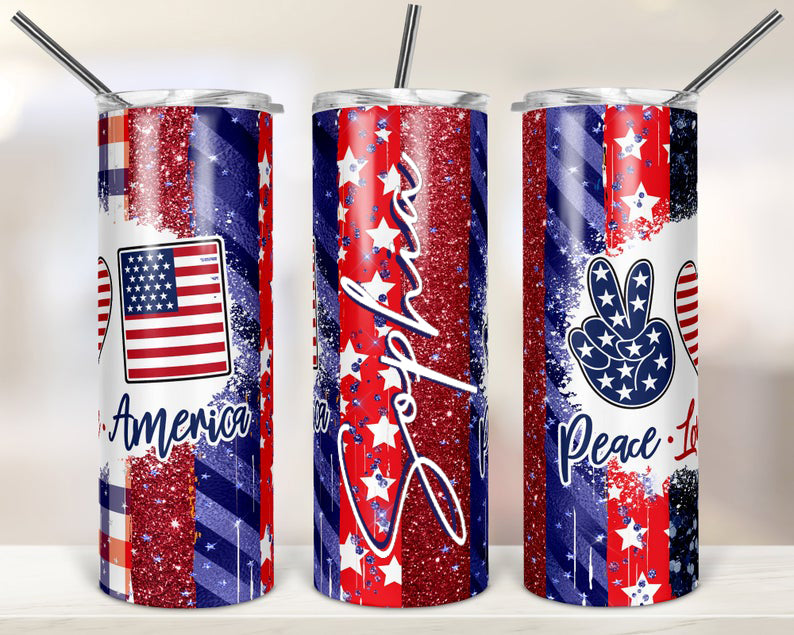 Personalized Skinny Tumbler Peace Love America Glitter