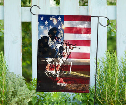 U.S Soldier In Ssault On American Flag Backgound Honoring U.S Military Garden Flag Patriotic