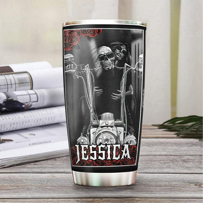 Personalized Biker Couple Tumbler Skull Rose