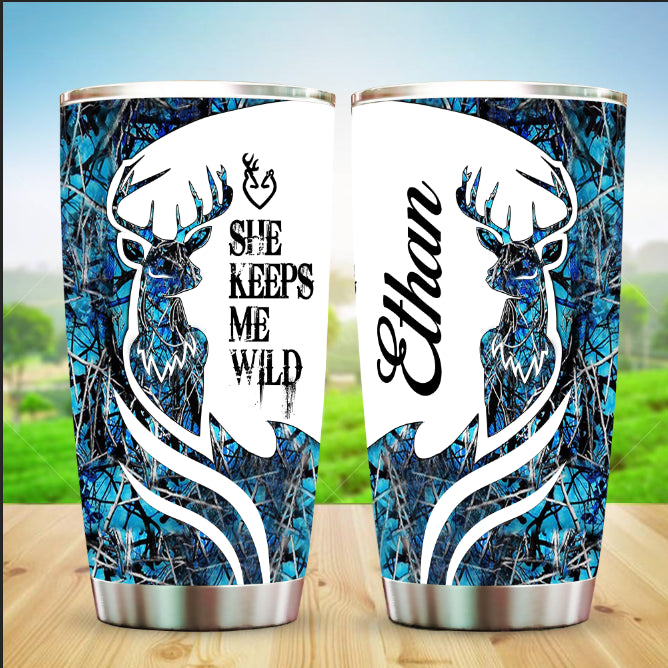 Personalized Deer Couple Tumbler He Keeps Me Safe She Keeps Me Wild