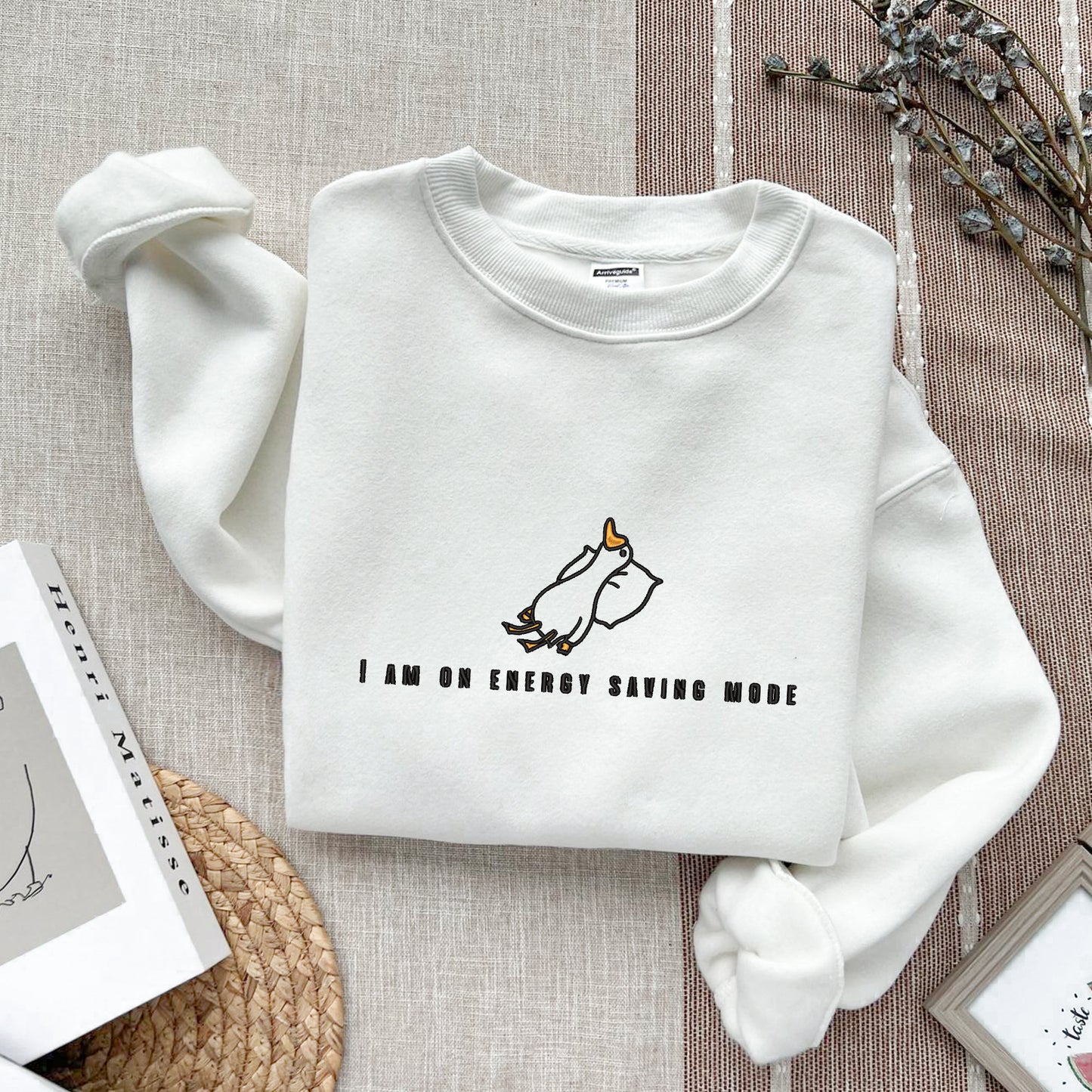 Embroidered Duck I Am On Energy Saving Mode Sweatshirt, Trending Embroidered Unisex Sweatshirt,Embroidered Funny Lazy Duck Sweatshirt