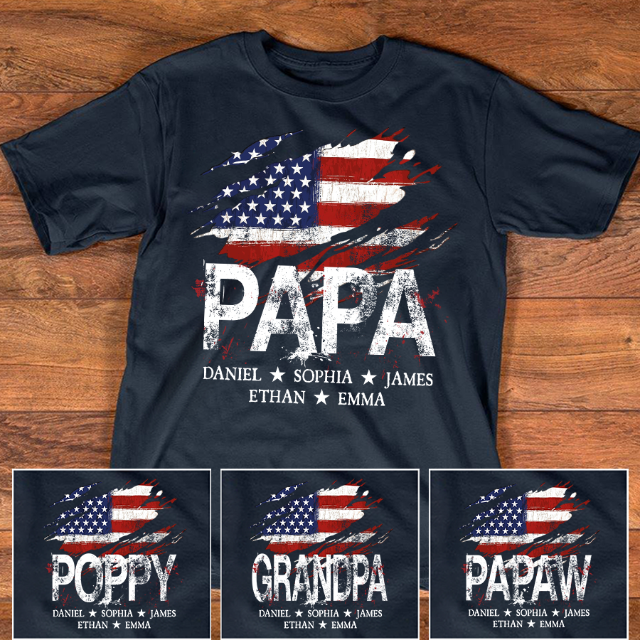 Papa American Flag Shirt, Personalized Papa Tee with Kids Names, Patriotic Dad Shirt, Custom Grandpa Gift, 4th of July Family Shirt