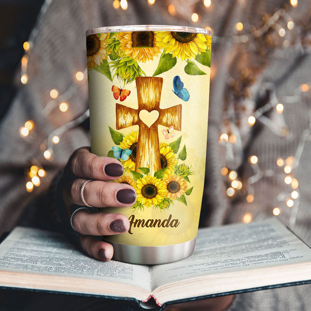 Personalized Christian Tumbler Everyday God Thinks Of You Sunflower Cross