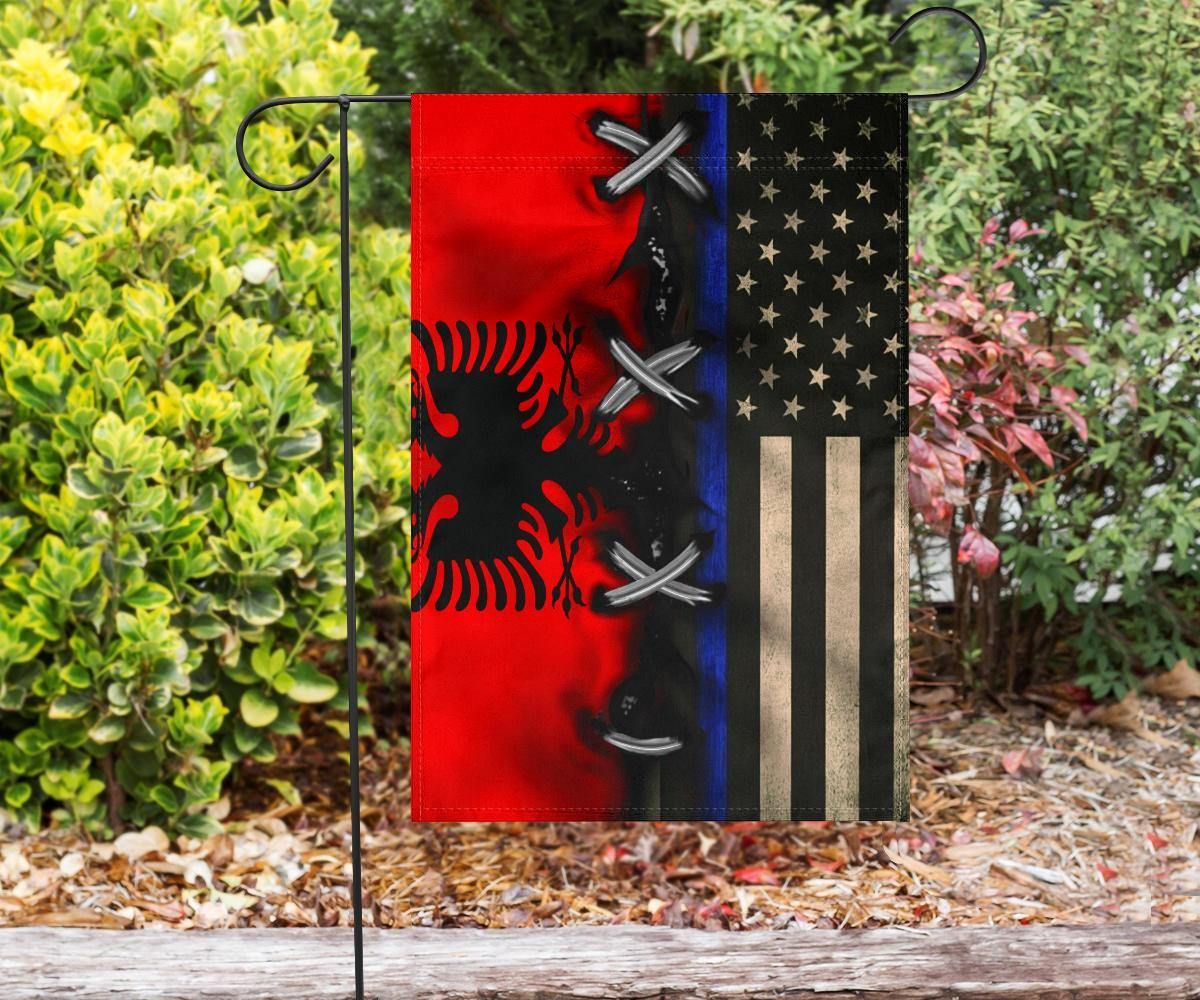 Albanian Flag And Thin Blue Line U.S Flag Vintage Old Retro Vintage Flag Day Of Albanian