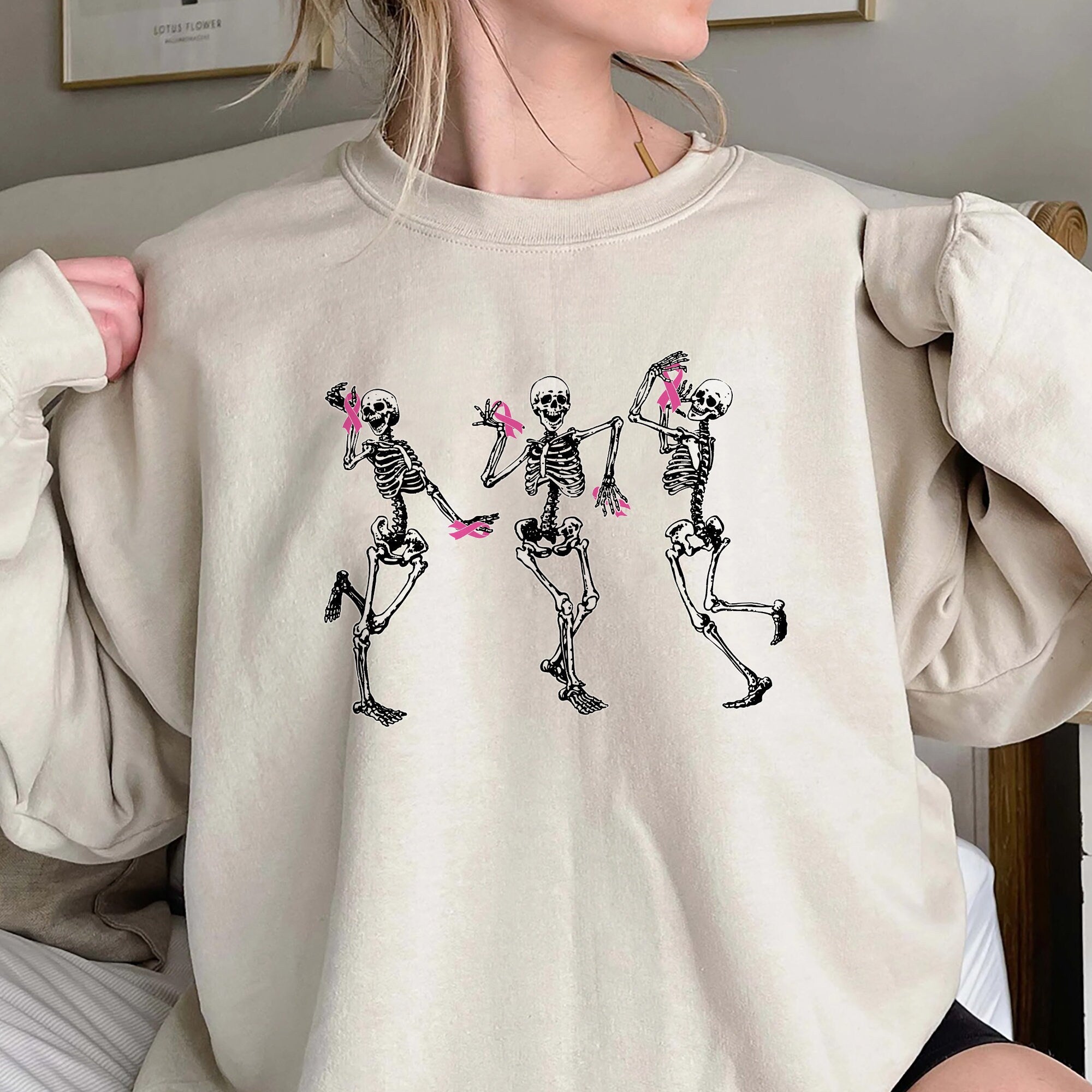 Dancing Skeletons Breast Cancer Shirt,Cancer Halloween Shirt,Breast Cancer Gift,Halloween Shirt,Skeletons Ribbon Breast Cancer Awareness Tee