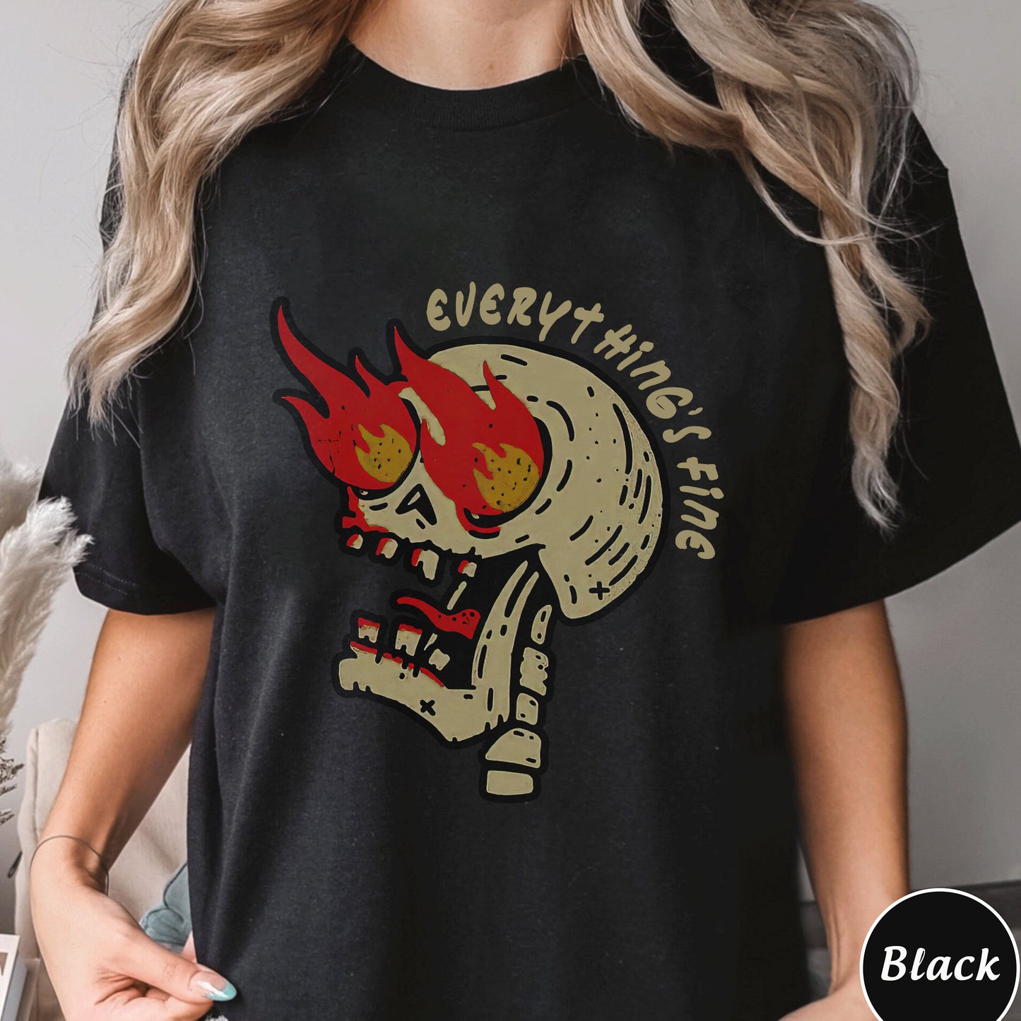 Everythings Fine Skull Shirt, Trending Unisex Tee Shirt, Unique Shirt Gift, Skull Rebel Rock n Roll Tee, Boho Vintage Sweatshirt Hoodie