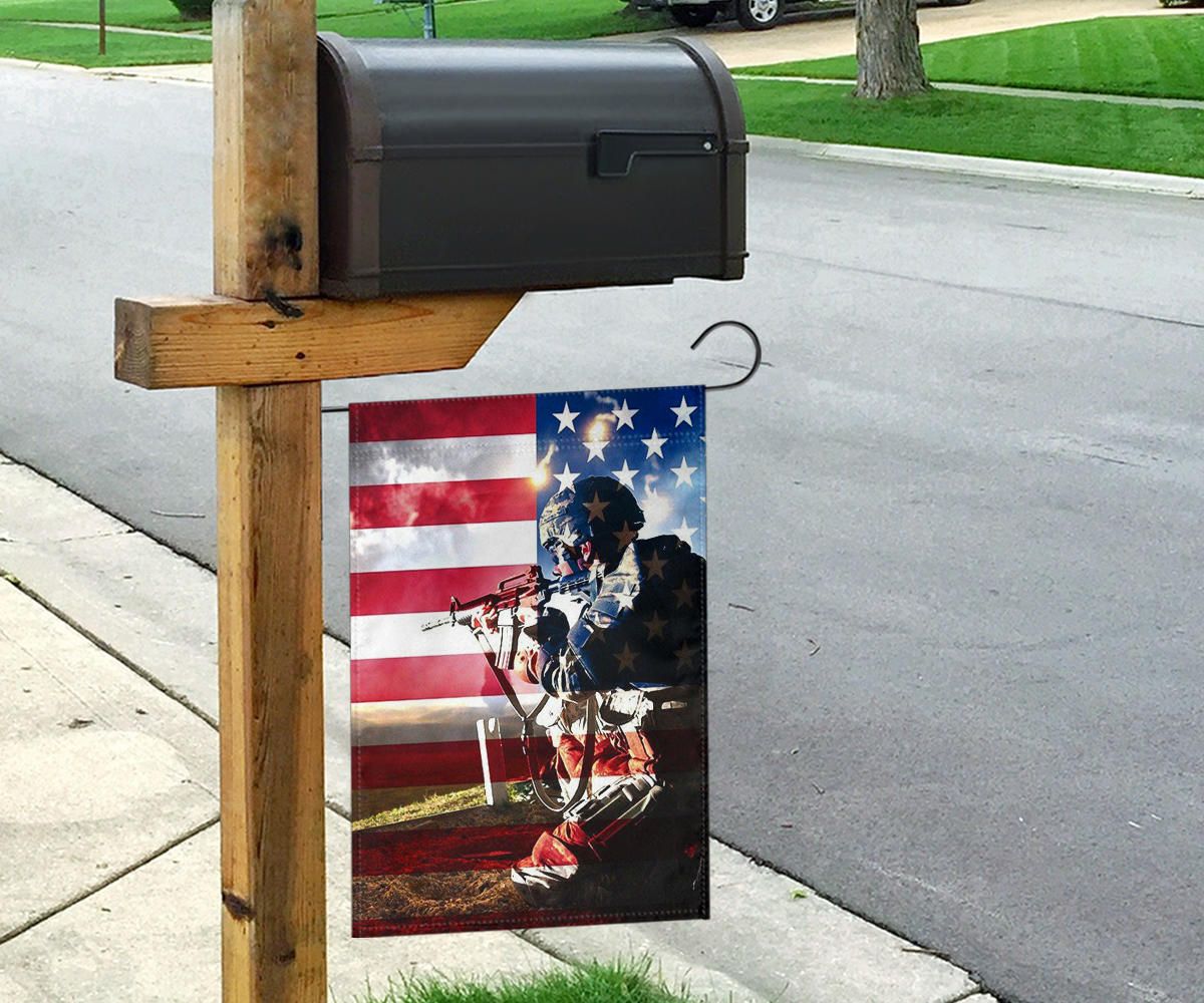 U.S Soldier In Ssault On American Flag Backgound Honoring U.S Military Garden Flag Patriotic