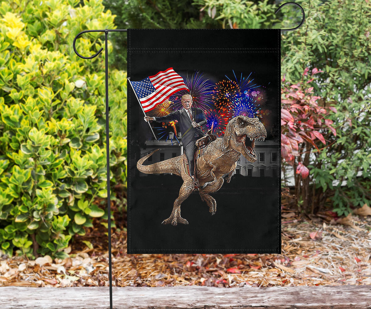 Trump Riding A Dinosaur T-Rex Flag Fireworks Trump With American Flag Decorative