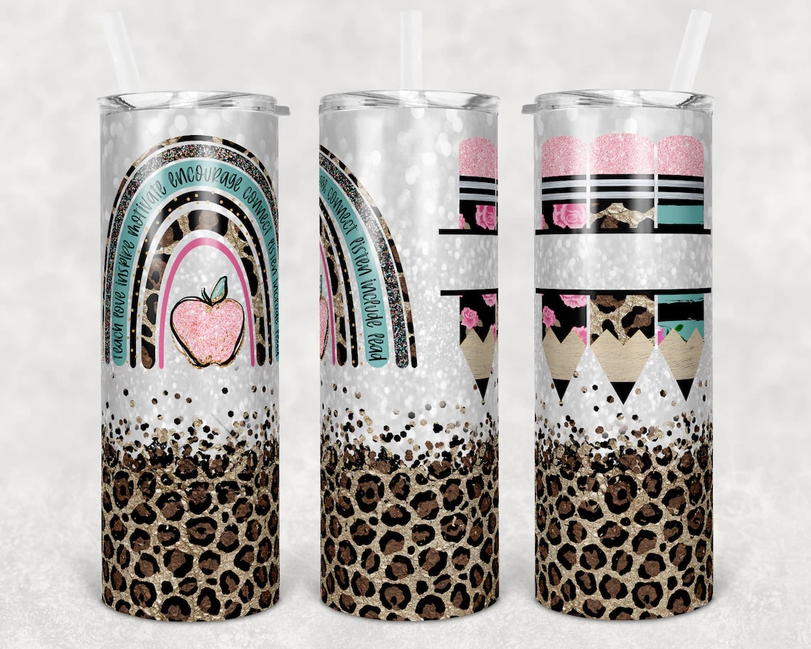 Personalize Teacher Skinny Tumbler Teacher Life Rainbow Leopard Glitter Tumbler