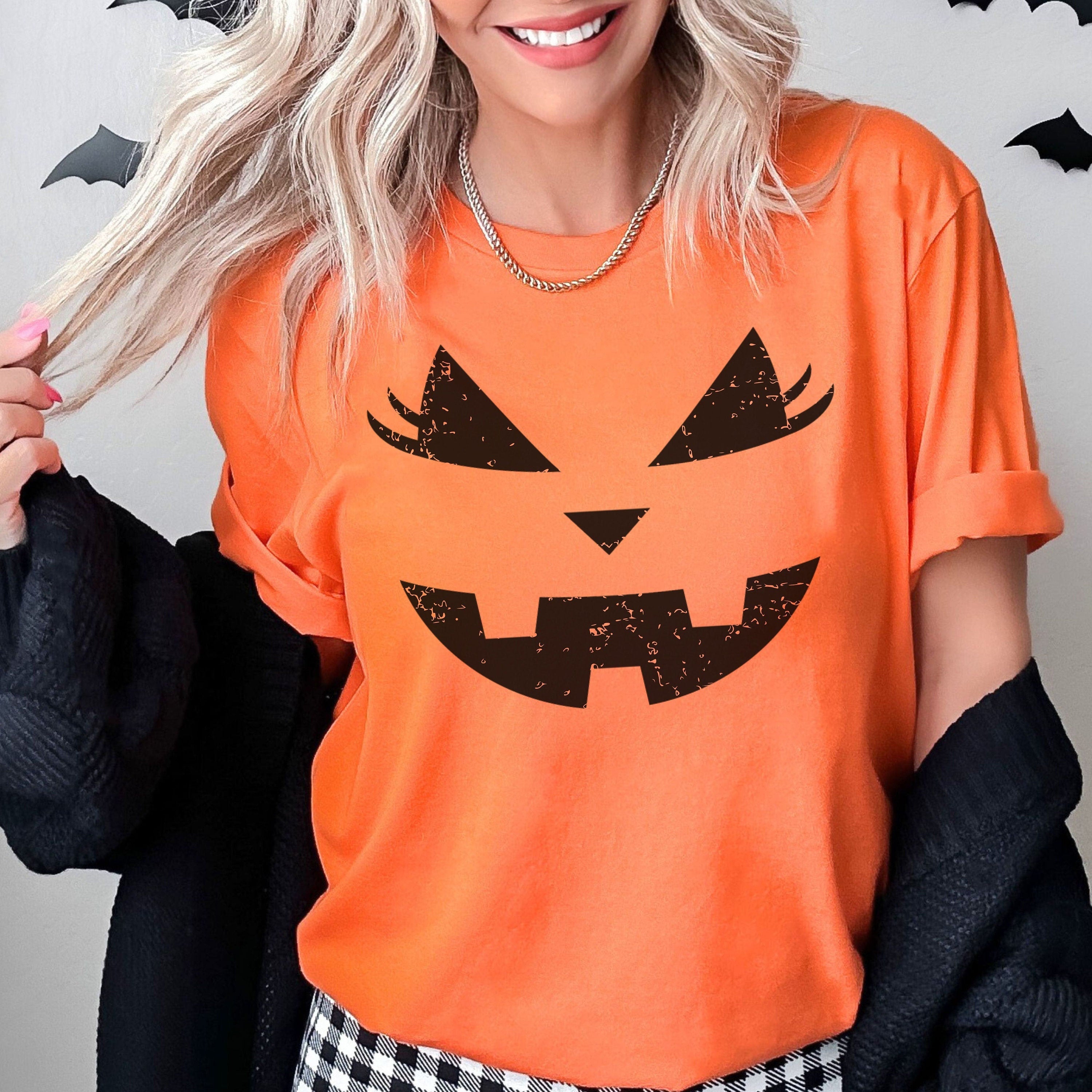 Distressed Pumpkin Face Shirt, Purple Halloween Shirt, Jack-O-Lantern Shirt, Pumpkin Face with Lashes Tee, Spooky Season Tee