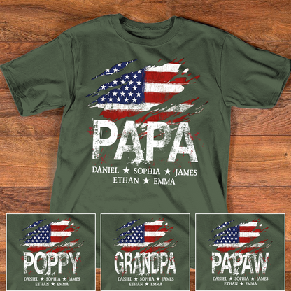 Papa American Flag Shirt, Personalized Papa Tee with Kids Names, Patriotic Dad Shirt, Custom Grandpa Gift, 4th of July Family Shirt