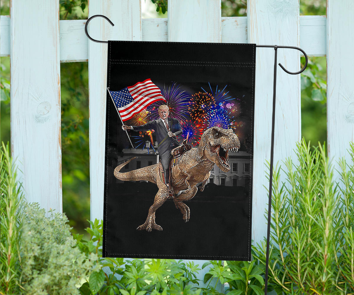 Trump Riding A Dinosaur T-Rex Flag Fireworks Trump With American Flag Decorative