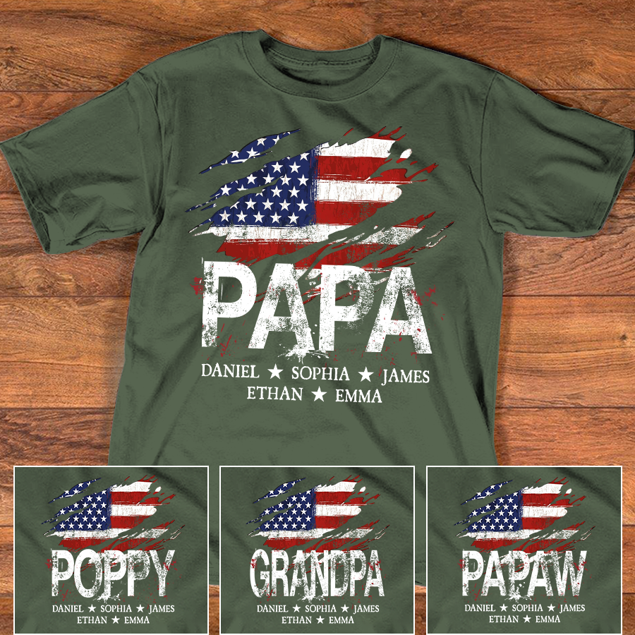 Personalized Papa American Flag Tee with Grandkids' Names