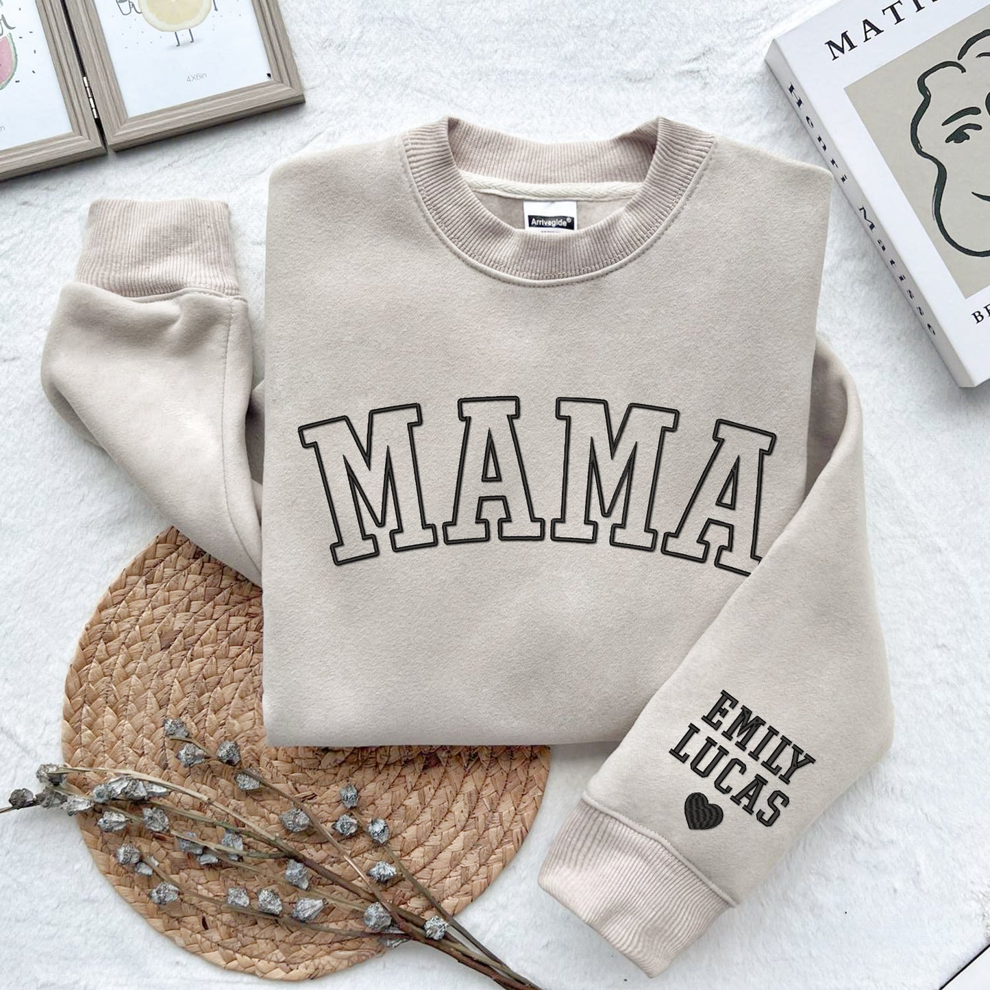 Embroidered Personalized Mama Sweatshirt with Kid Names on Sleeve, Mothers Day Gift, Birthday Gift for Mom,New Mom Gift