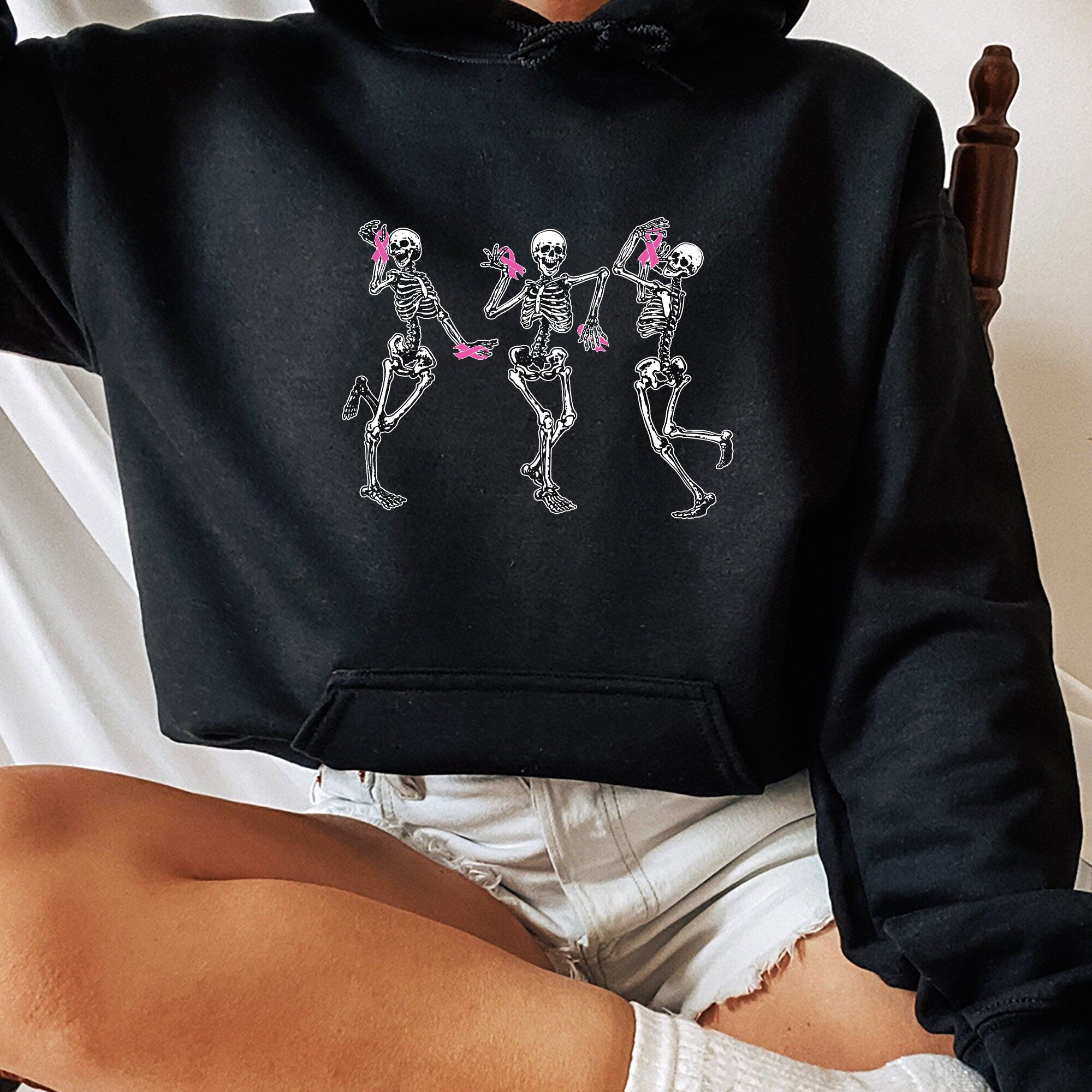 Dancing Skeletons Breast Cancer Shirt,Cancer Halloween Shirt,Breast Cancer Gift,Halloween Shirt,Skeletons Ribbon Breast Cancer Awareness Tee