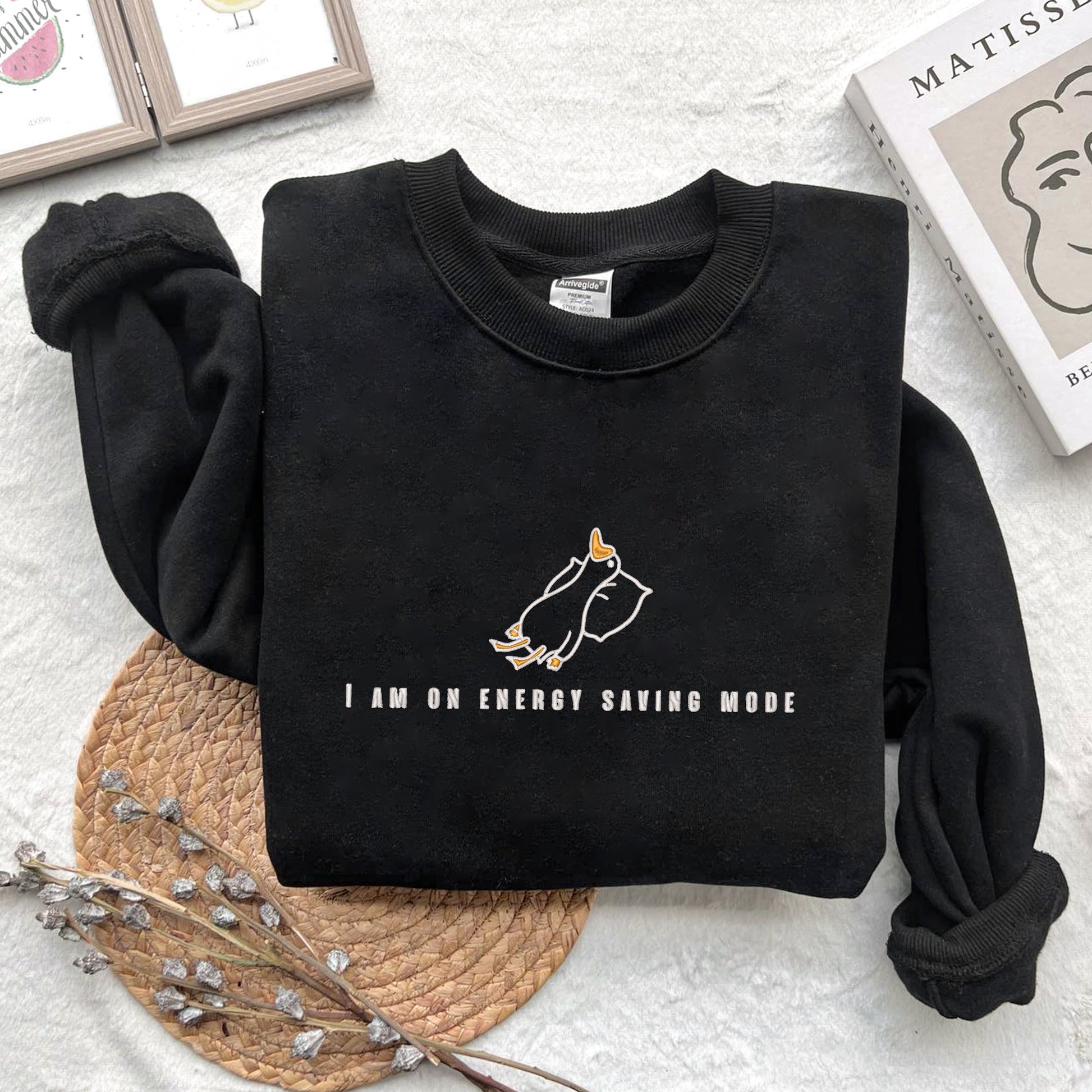 Embroidered Duck I Am On Energy Saving Mode Sweatshirt, Trending Embroidered Unisex Sweatshirt,Embroidered Funny Lazy Duck Sweatshirt