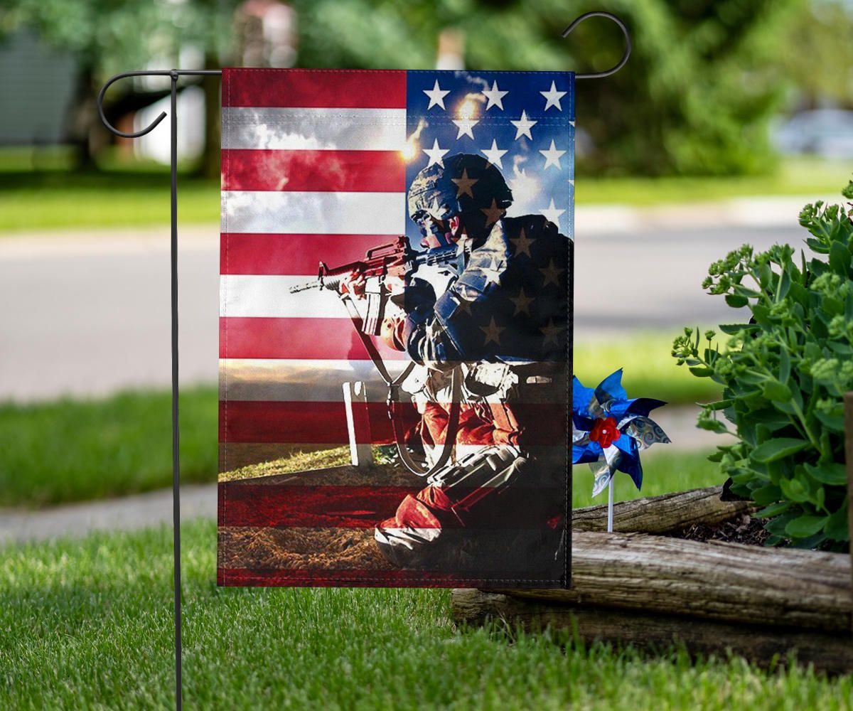 U.S Soldier In Ssault On American Flag Backgound Honoring U.S Military Garden Flag Patriotic