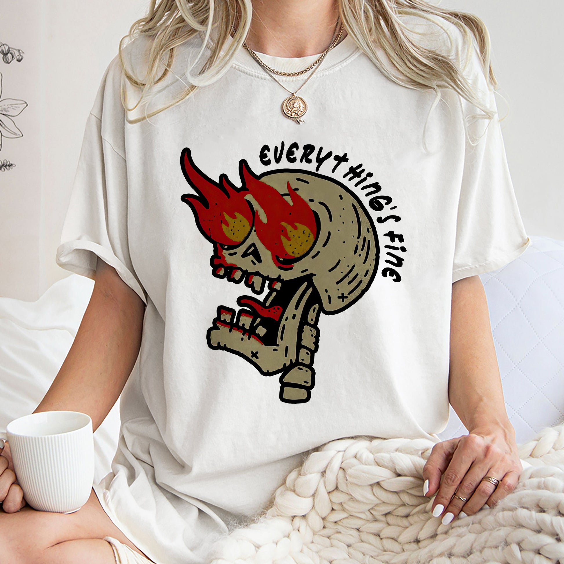 Everythings Fine Skull Shirt, Trending Unisex Tee Shirt, Unique Shirt Gift, Skull Rebel Rock n Roll Tee, Boho Vintage Sweatshirt Hoodie