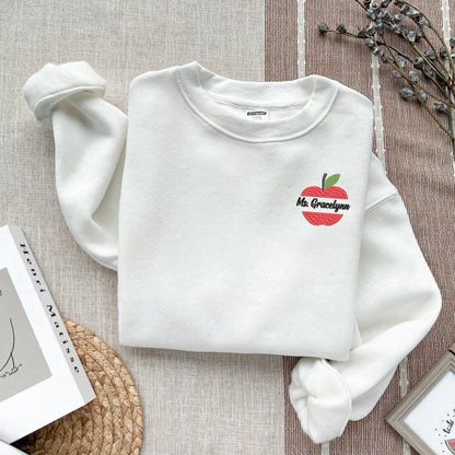 Custom Embroidered Teacher Name Sweatshirt, Embroidered Teacher Gift, Unique Gift For Teacher, Teacher Appreciation Apple Hoodie