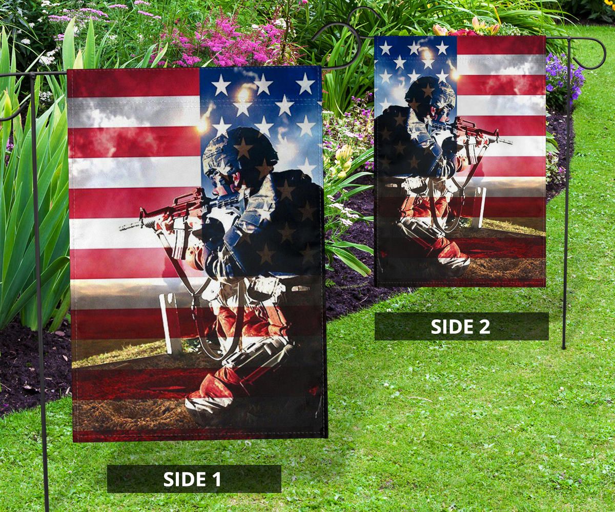 U.S Soldier In Ssault On American Flag Backgound Honoring U.S Military Garden Flag Patriotic