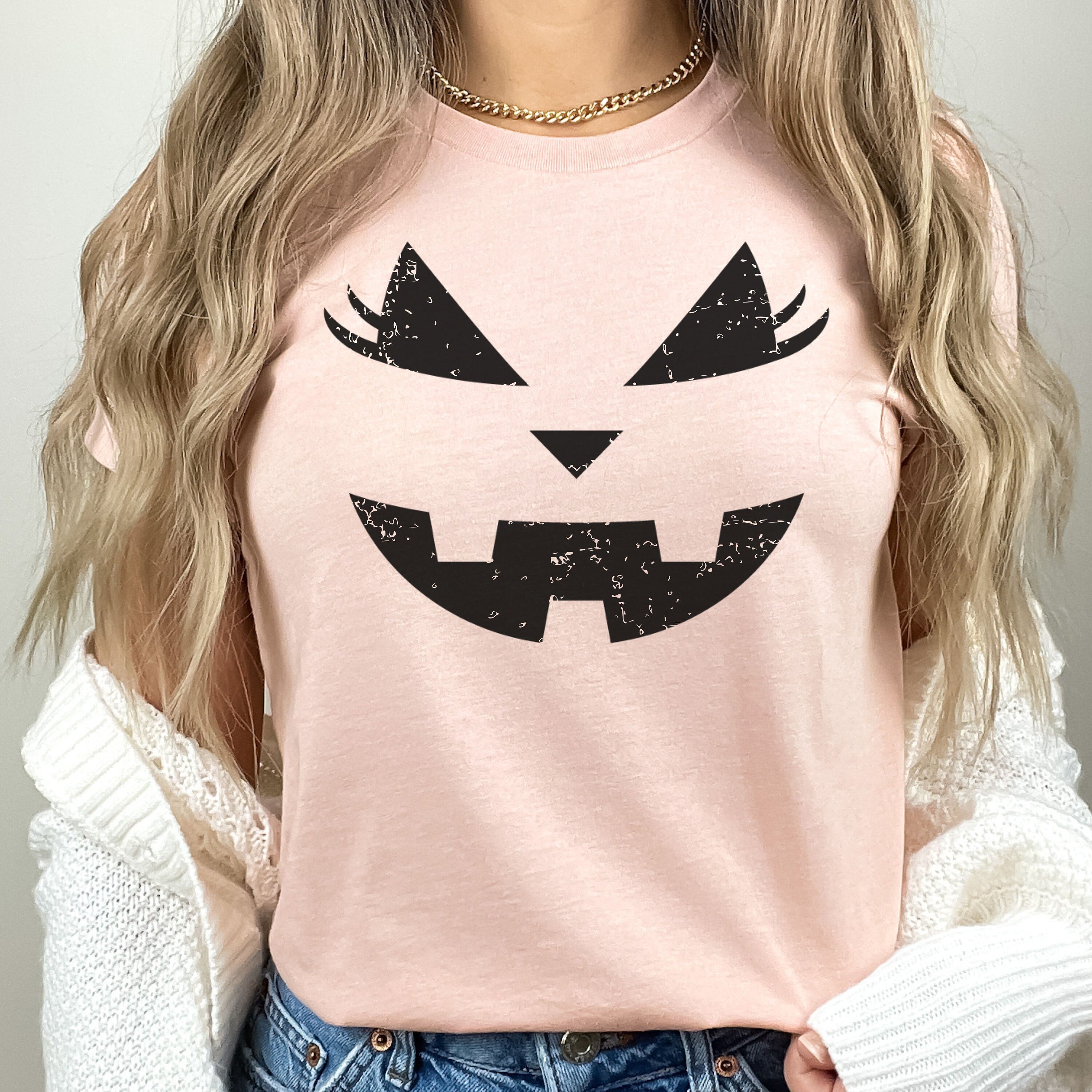 Distressed Pumpkin Face Shirt, Purple Halloween Shirt, Jack-O-Lantern Shirt, Pumpkin Face with Lashes Tee, Spooky Season Tee