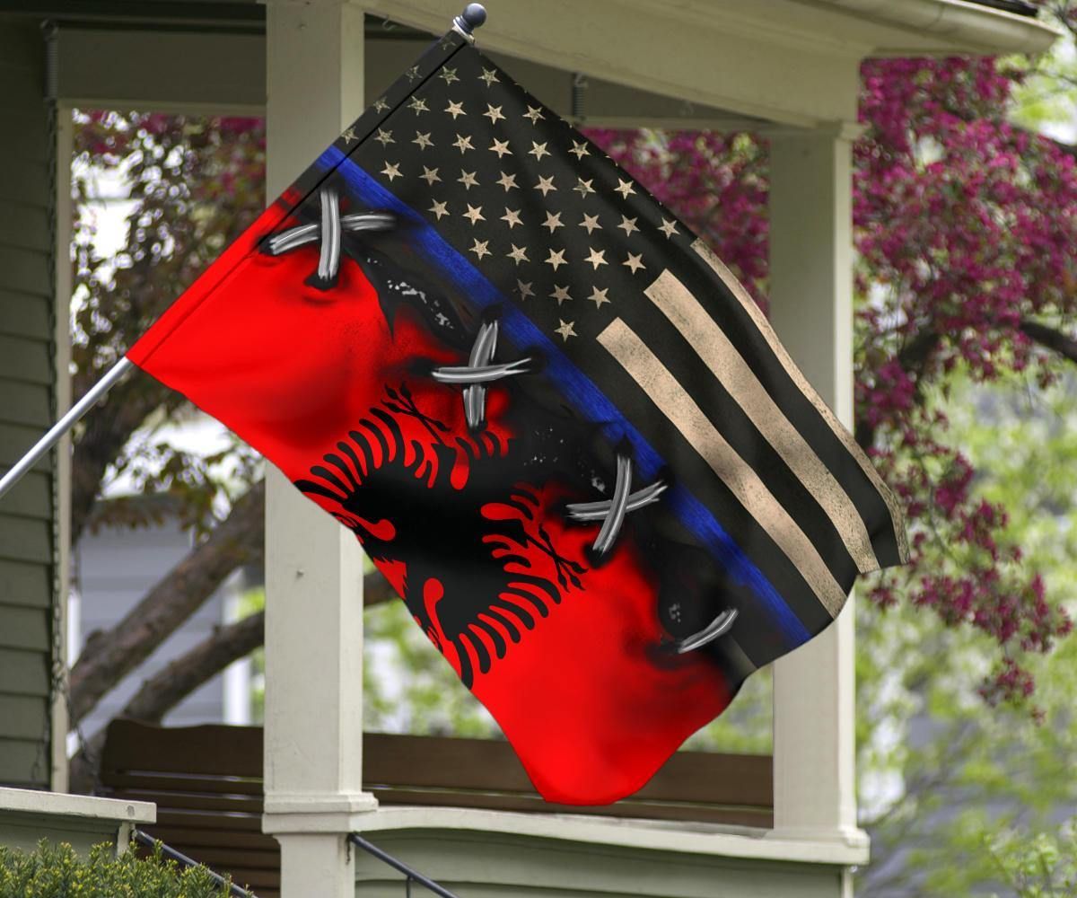 Albanian Flag And Thin Blue Line U.S Flag Vintage Old Retro Vintage Flag Day Of Albanian