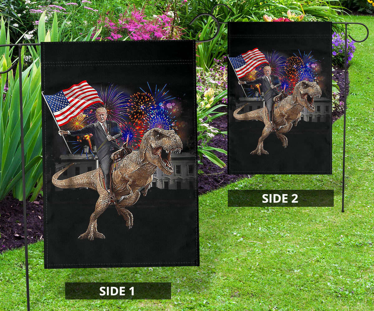 Trump Riding A Dinosaur T-Rex Flag Fireworks Trump With American Flag Decorative