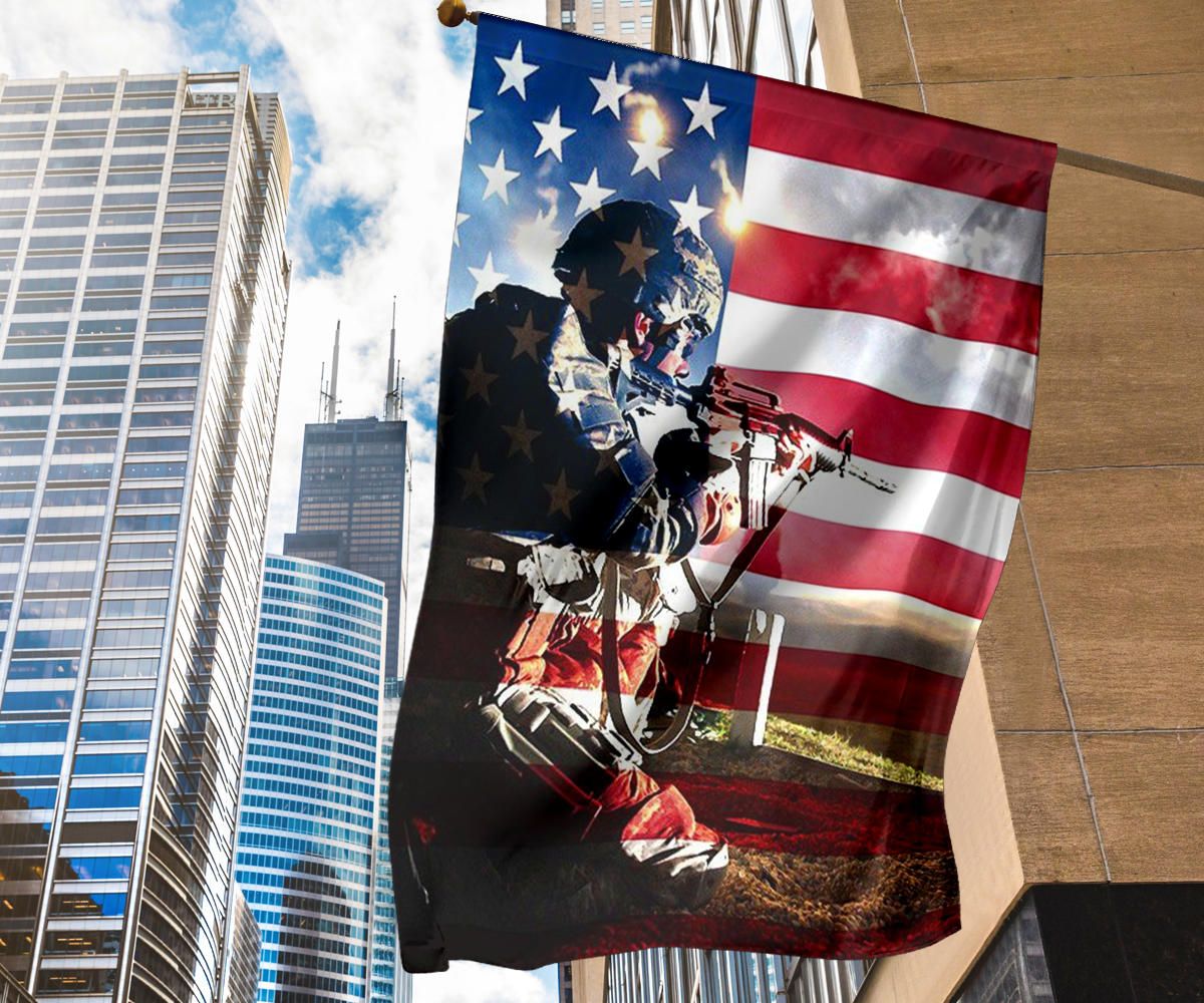 U.S Soldier In Ssault On American Flag Backgound Honoring U.S Military Garden Flag Patriotic