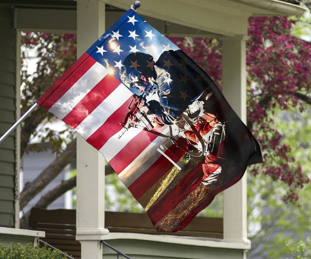 U.S Soldier In Ssault On American Flag Backgound Honoring U.S Military Garden Flag Patriotic