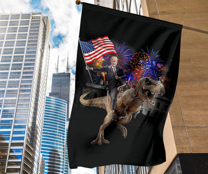 Trump Riding A Dinosaur T-Rex Flag Fireworks Trump With American Flag Decorative