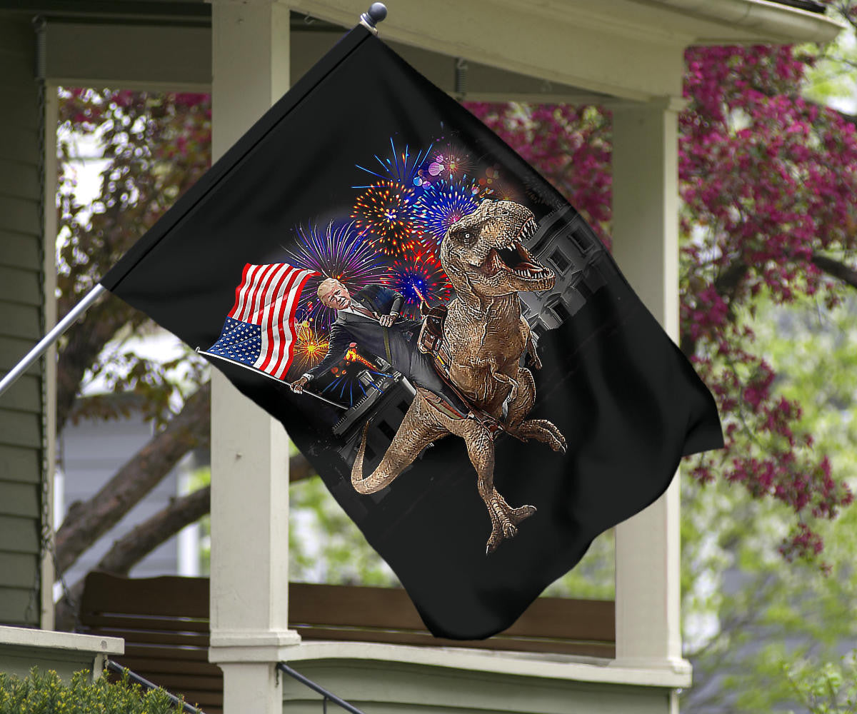 Trump Riding A Dinosaur T-Rex Flag Fireworks Trump With American Flag Decorative