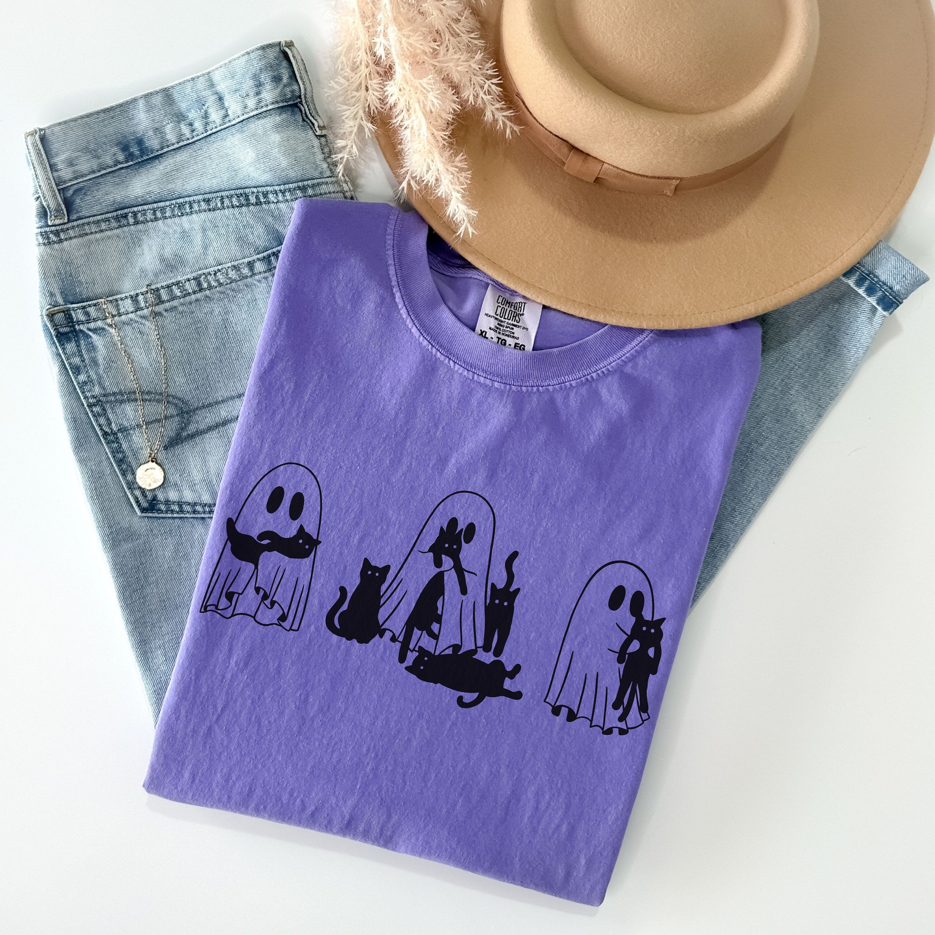 Comfort Color Halloween Ghost Cat Tee, Ghost and Black Cat Shirt