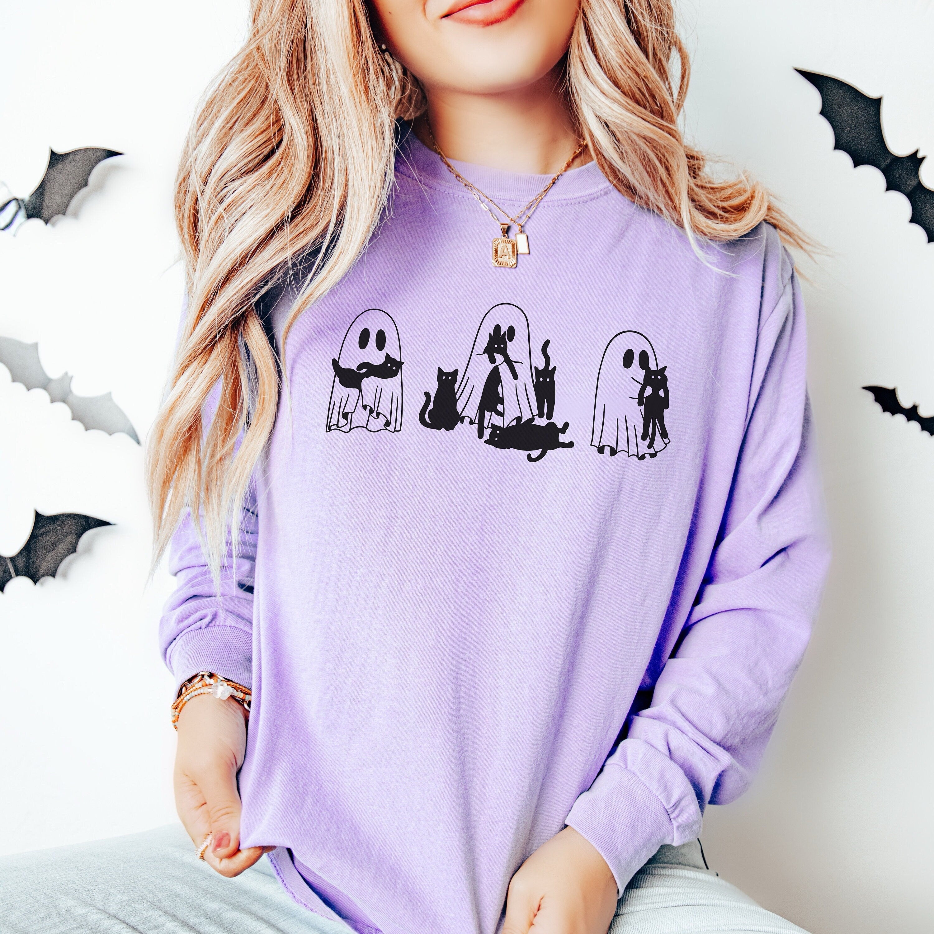 Comfort Color Halloween Ghost Cat Tee, Ghost and Black Cat Shirt