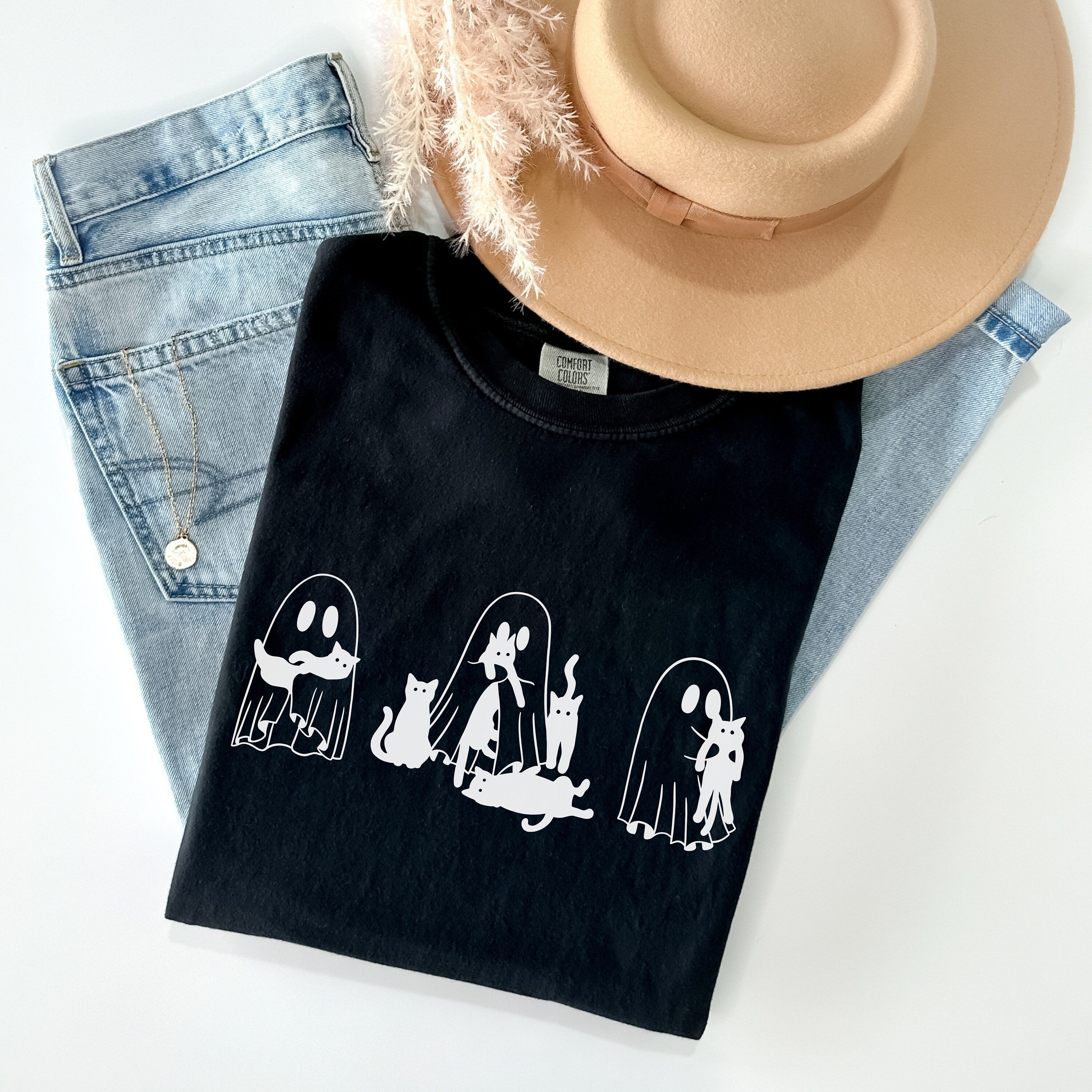 Comfort Color Halloween Ghost Cat Tee, Ghost and Black Cat Shirt