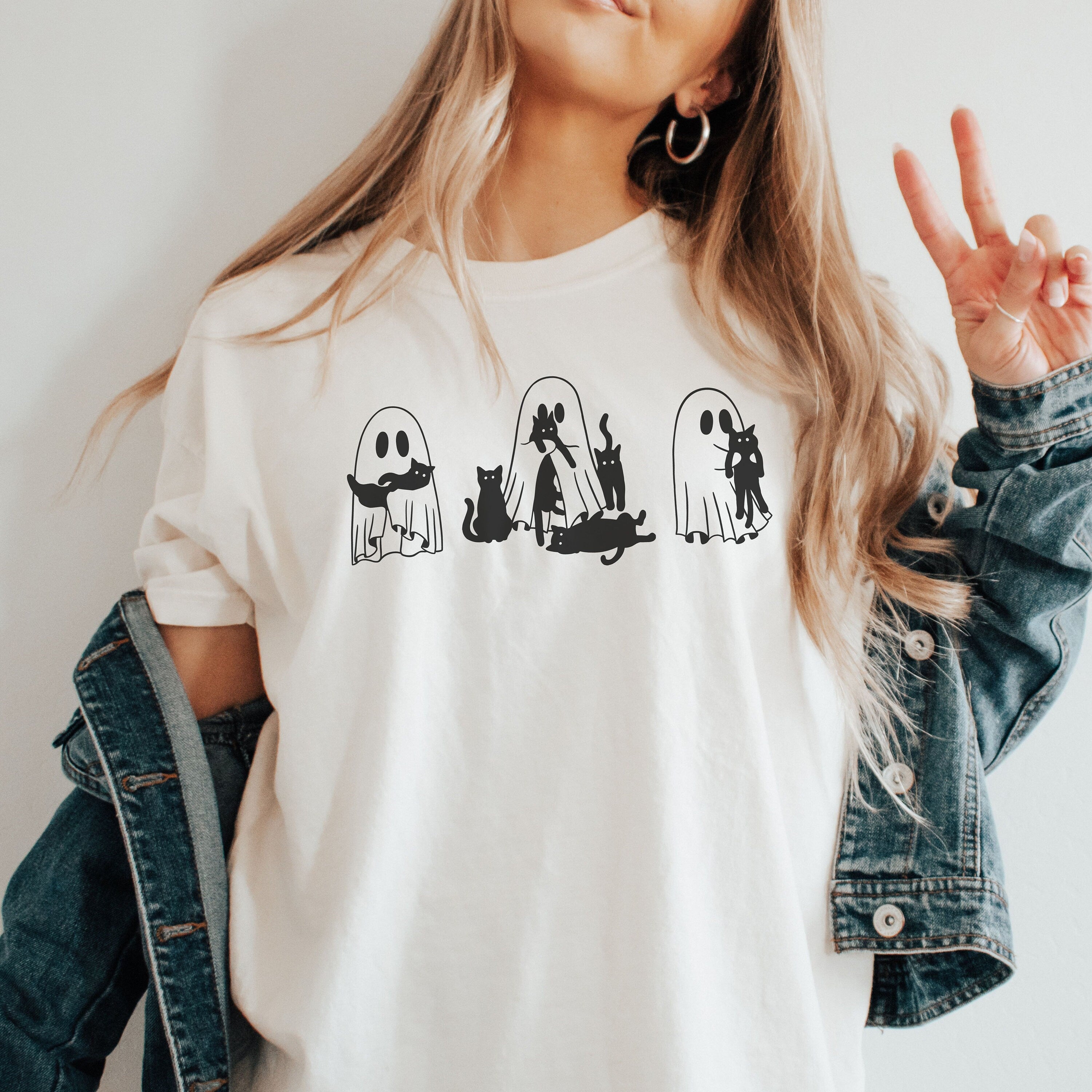 Comfort Color Halloween Ghost Cat Tee, Ghost and Black Cat Shirt