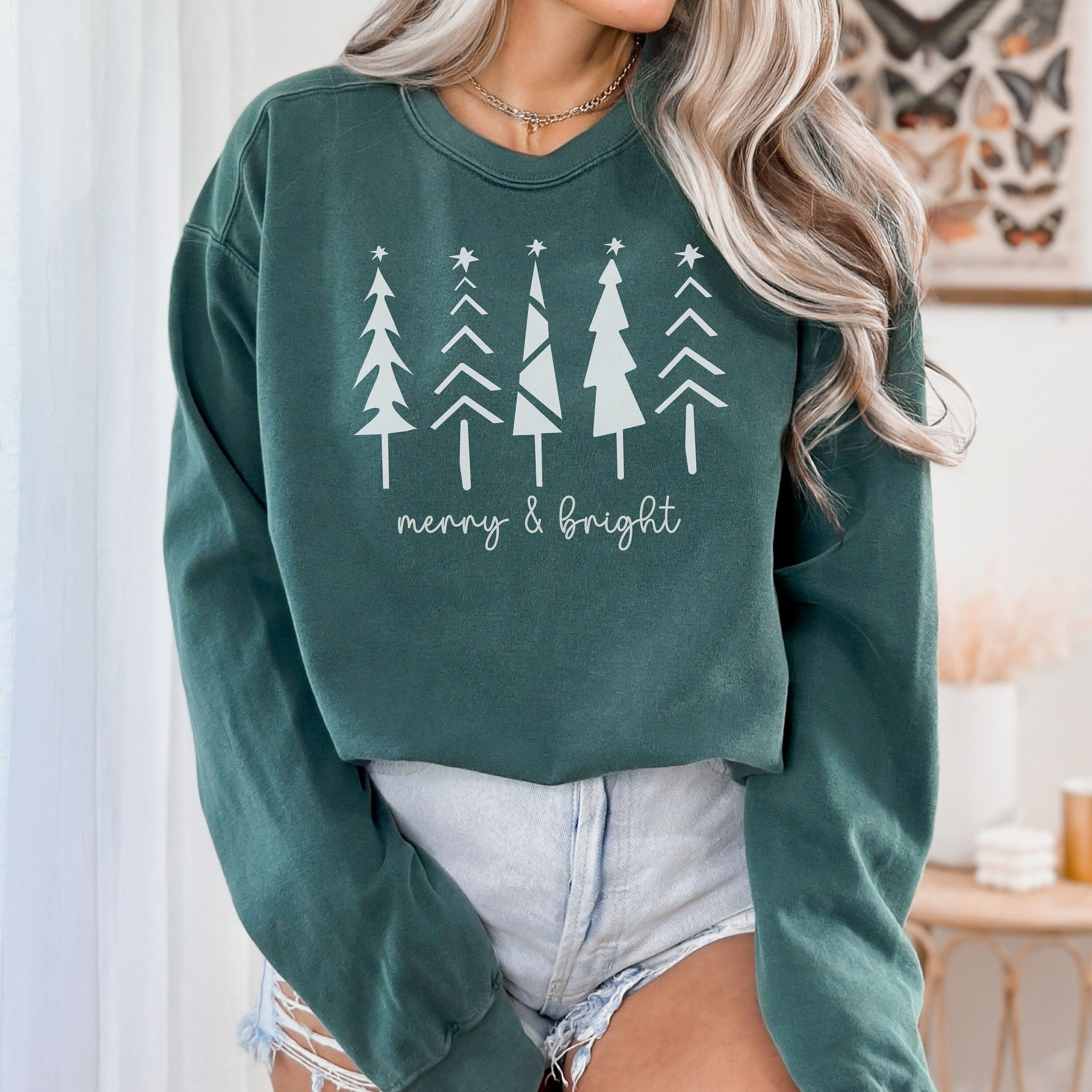 Comfort Colors Christmas Tree Sweatshirt, Merry and Bright Sweater