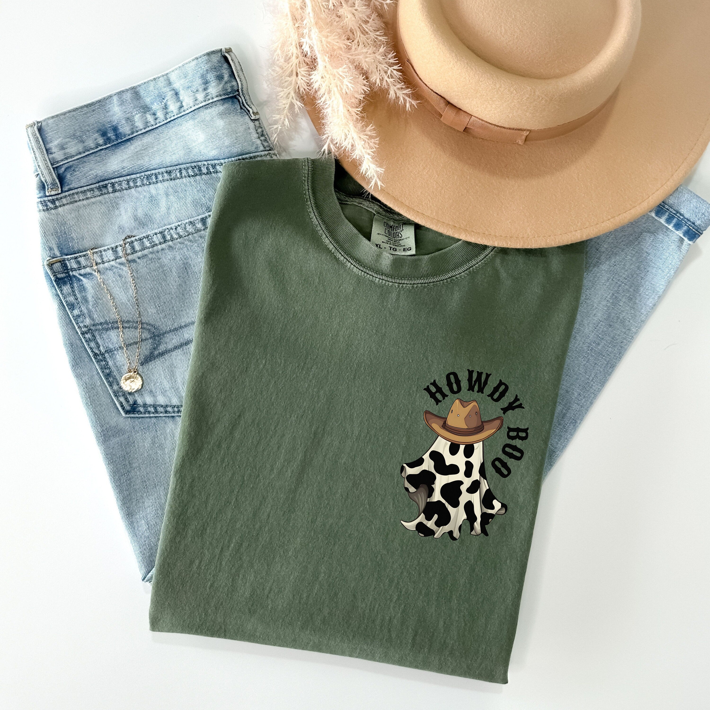 Cowboy Ghost Shirt, Halloween Pocket Tee, Comfort Colors Spooky Season