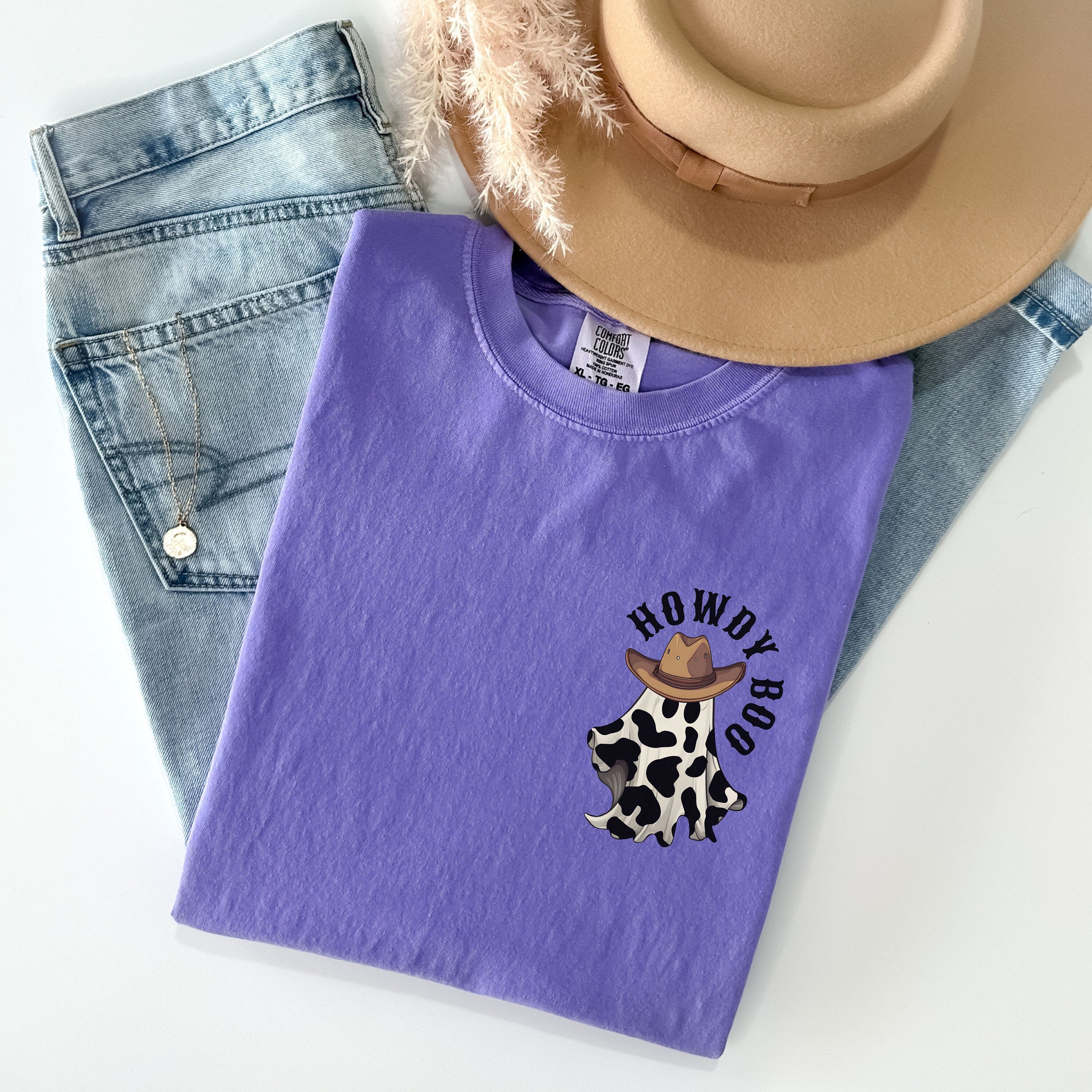 Cowboy Ghost Shirt, Halloween Pocket Tee, Comfort Colors Spooky Season