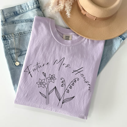 Custom Future Mrs Comfort Colors Shirt, Birth Flower Shirt, Bride to Be Shirt